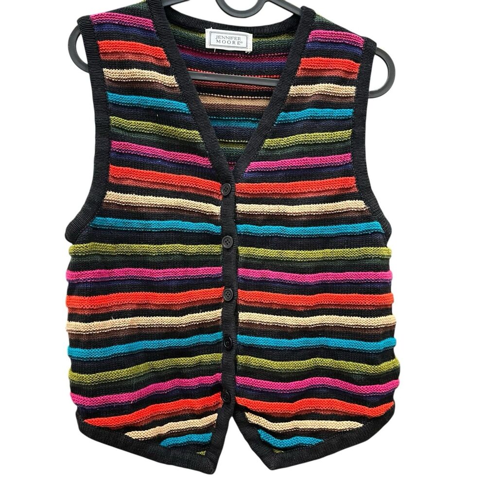 Vintage Jennifer Moore Knit Vest Women’s M Black Multicolor Stripe Button Front